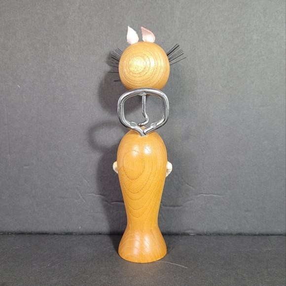 Vintage Mid Century Japanese Wooden Cat Corkscrew Bottle Opener NWOT - Picture 3 of 9